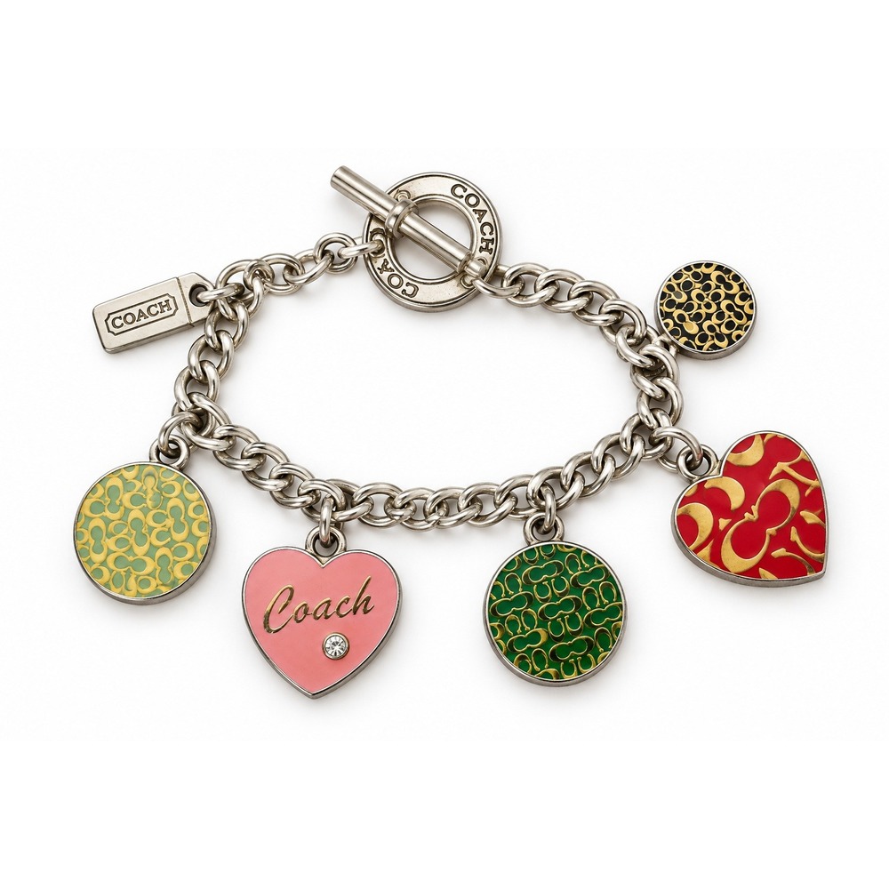 Vintage Coach Signature C Enamel Charm Bracelet Silver Tone Heart Toggle Y2K